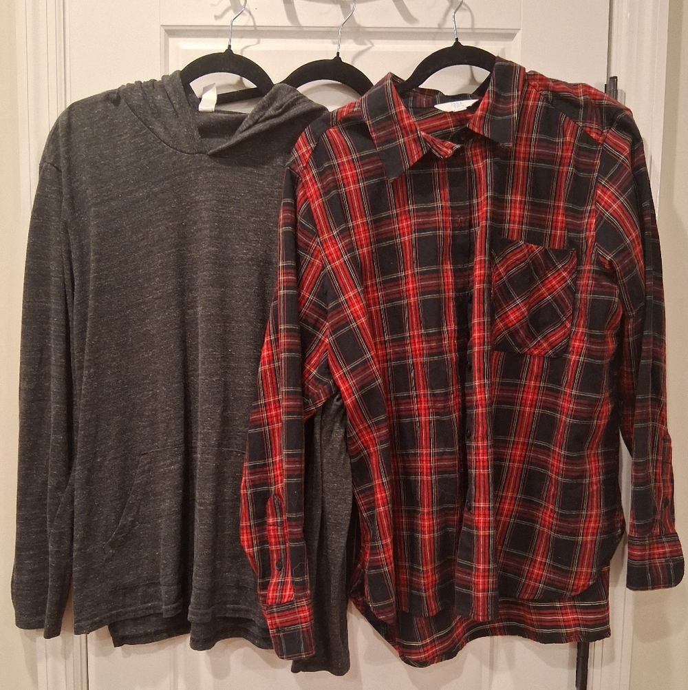 XL Bundle- Gray Hoodie and Red Plaid Shirt